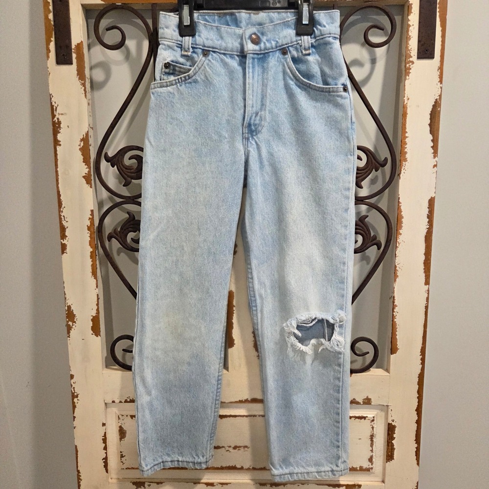 Vtg Levis 512 Kids 8 Slim Fit Jeans Light Wash Orange Tab USA Made Distressed